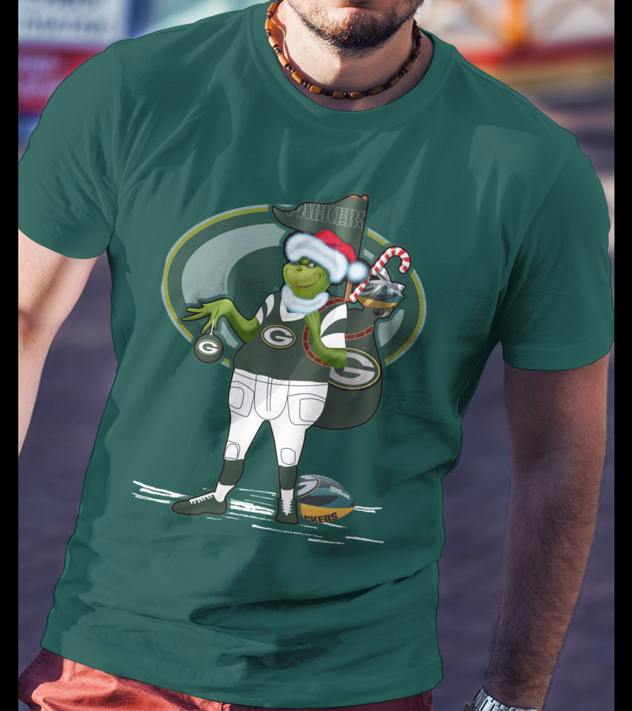 Grinch Green Bay Packers Christmas Santa Hat Football Candy Cane T-Shirt