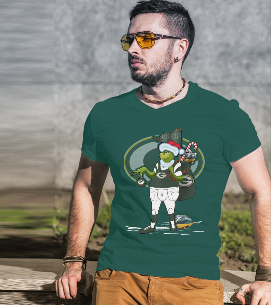 Grinch Green Bay Packers Christmas Santa Hat Football Candy Cane T-Shirt