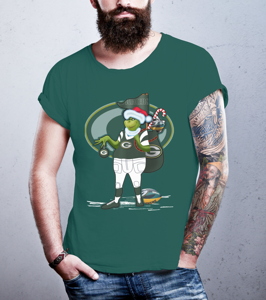 Grinch Green Bay Packers Christmas Santa Hat Football Candy Cane T-Shirt
