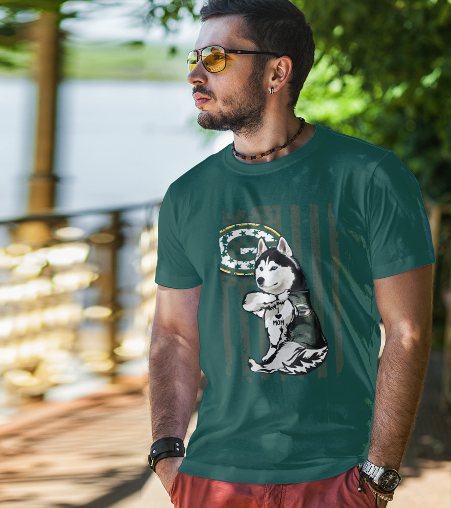 Siberian Husky Green Bay Packers Mom Fan With Heart Tattoo And Team T-Shirt