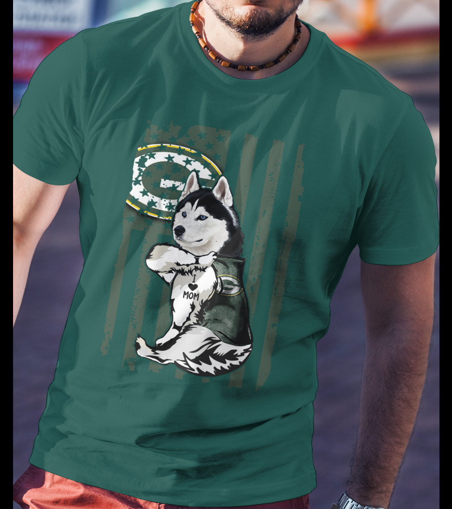 Siberian Husky Green Bay Packers Mom Fan With Heart Tattoo And Team T-Shirt