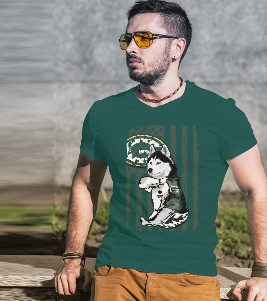 Siberian Husky Green Bay Packers Mom Fan With Heart Tattoo And Team T-Shirt
