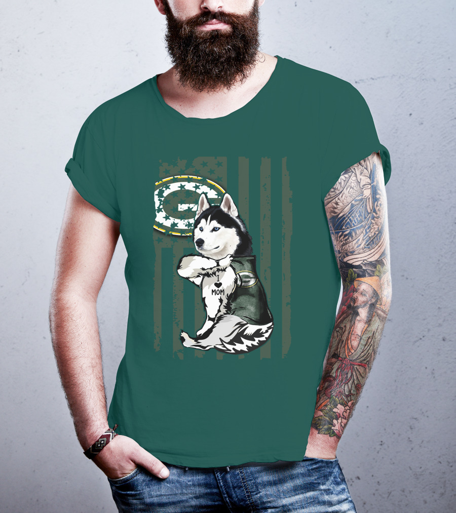 Siberian Husky Green Bay Packers Mom Fan With Heart Tattoo And Team T-Shirt