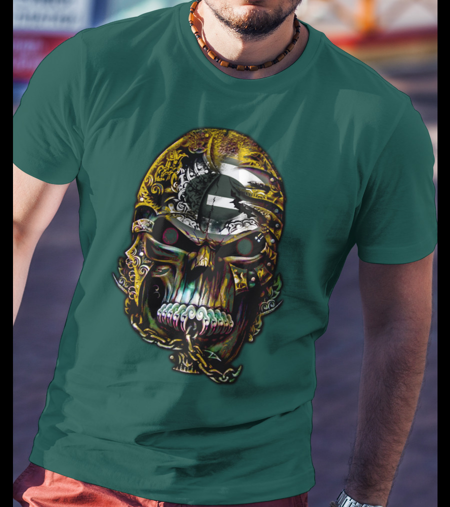 Green Bay Packers 82 Skull Art With Chain Motif T-Shirt