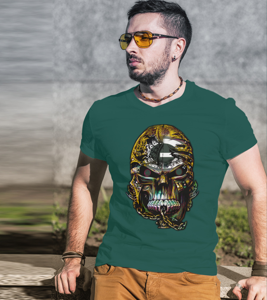 Green Bay Packers 82 Skull Art With Chain Motif T-Shirt
