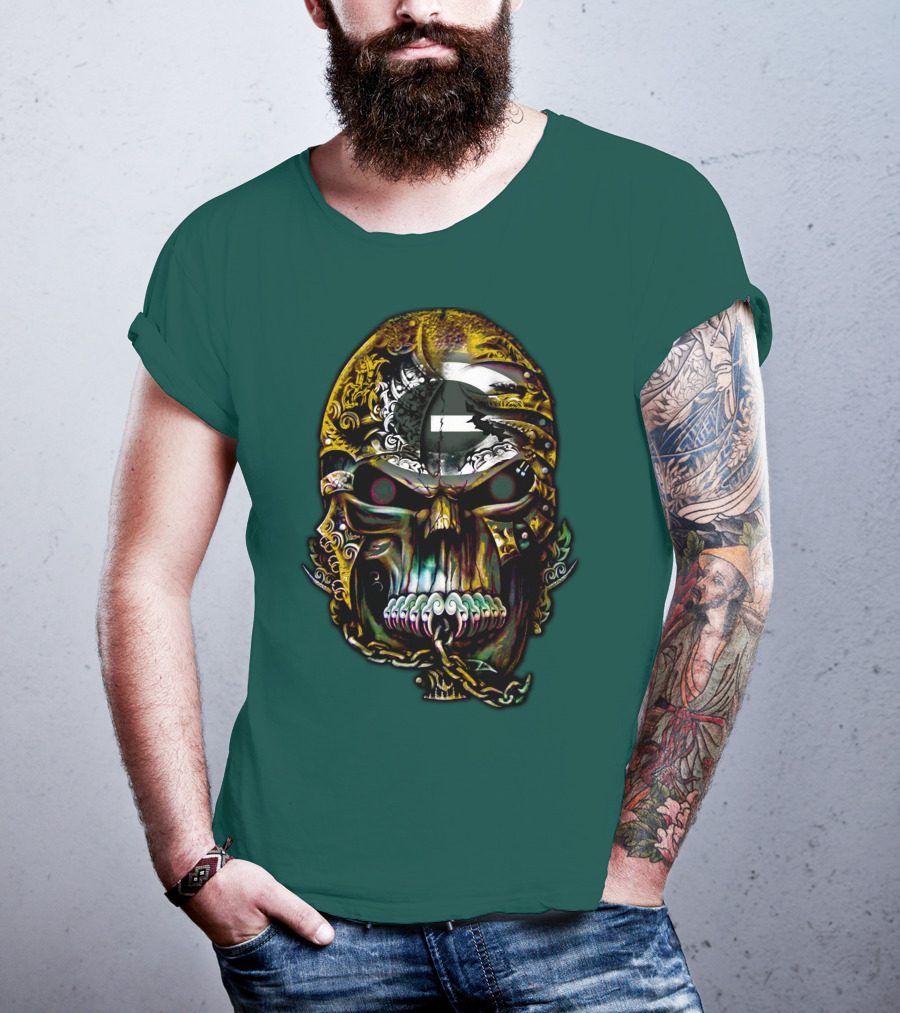 Green Bay Packers 82 Skull Art With Chain Motif T-Shirt