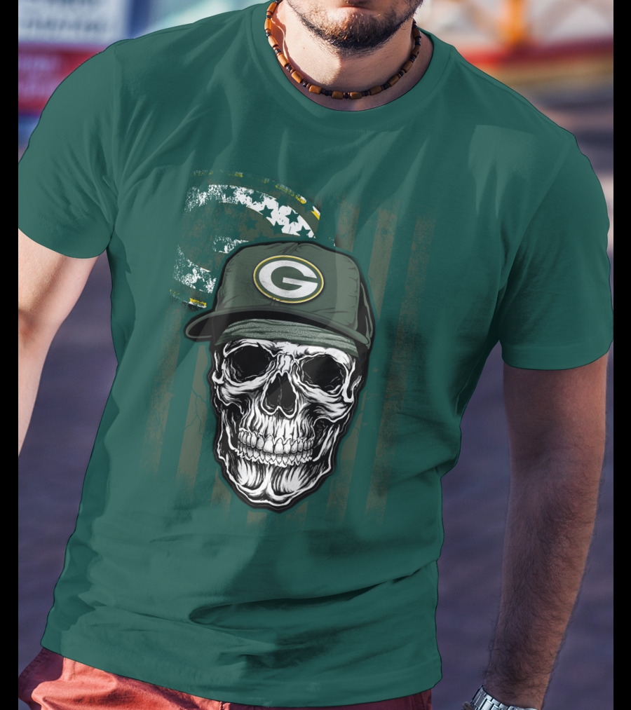 Skull Wearing Green Bay Packers Cap On Flag Background T-Shirt