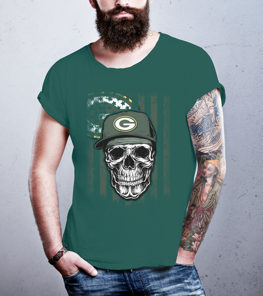 Skull Wearing Green Bay Packers Cap On Flag Background T-Shirt