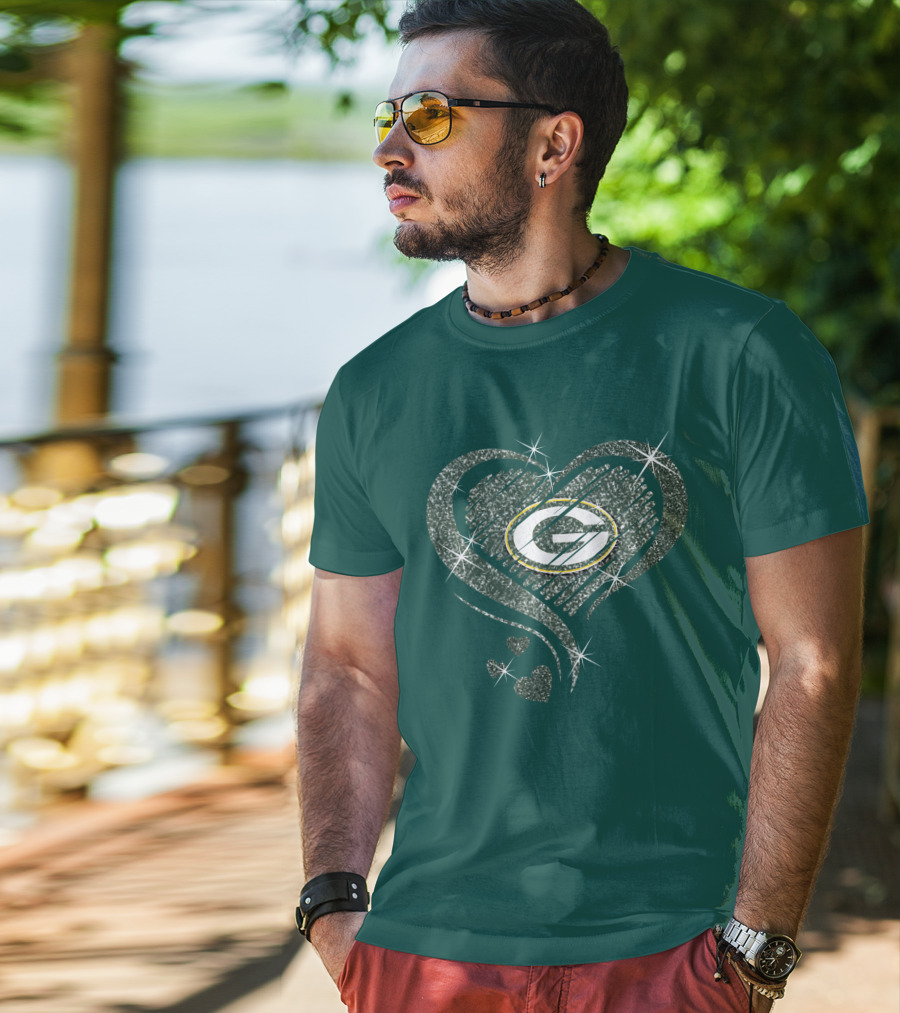 Green Bay Packers Heart Diamond Sparkle T-Shirt