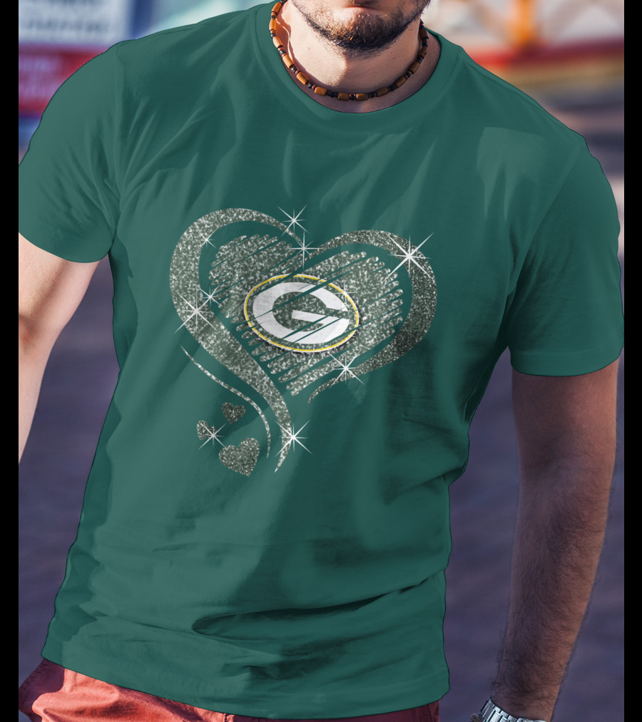 Green Bay Packers Heart Diamond Sparkle T-Shirt