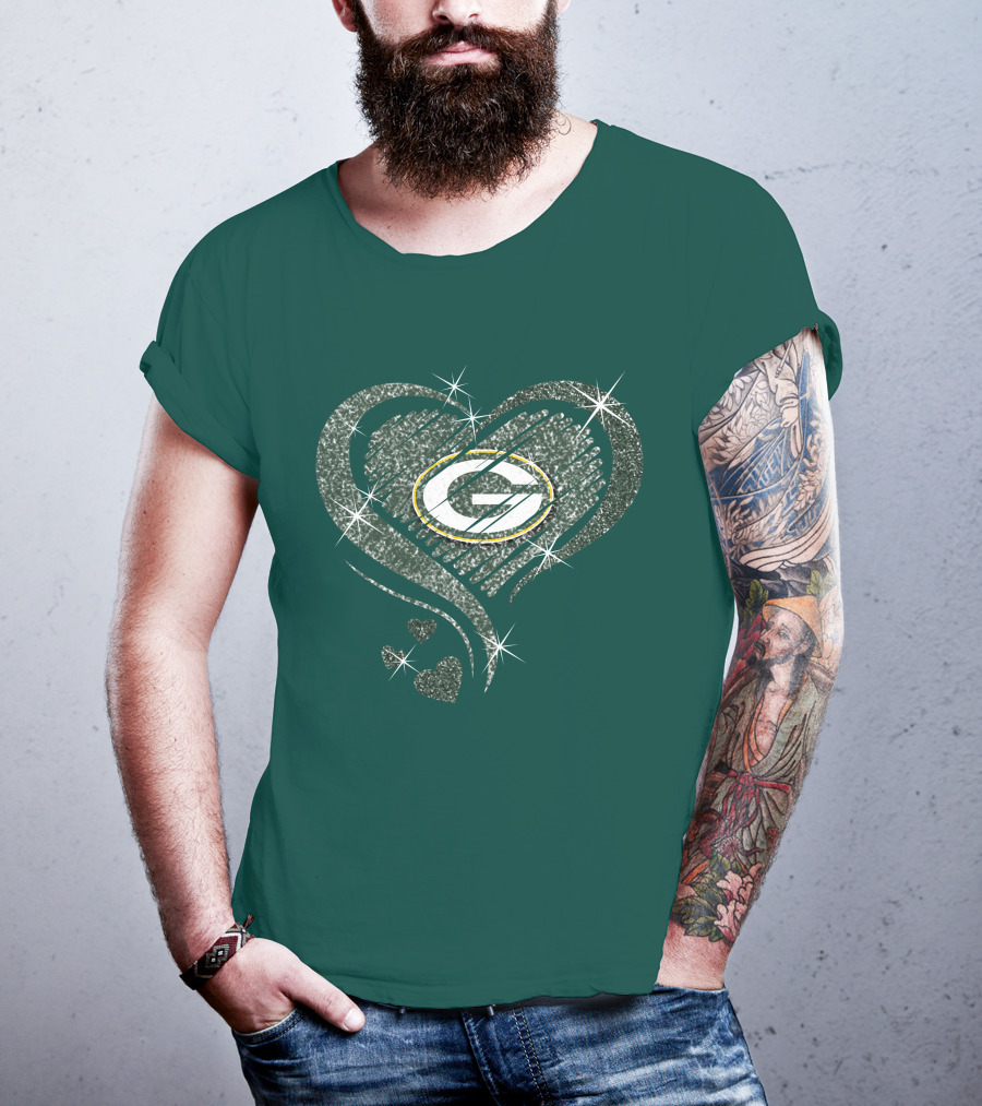 Green Bay Packers Heart Diamond Sparkle T-Shirt
