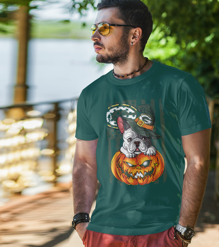 Hlw Bulldog Halloween Witch Green Bay Packers Pumpkin T-Shirt