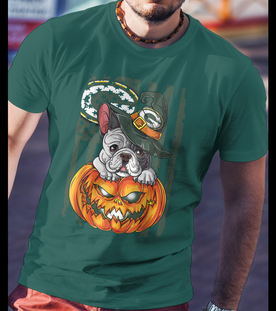 Hlw Bulldog Halloween Witch Green Bay Packers Pumpkin T-Shirt