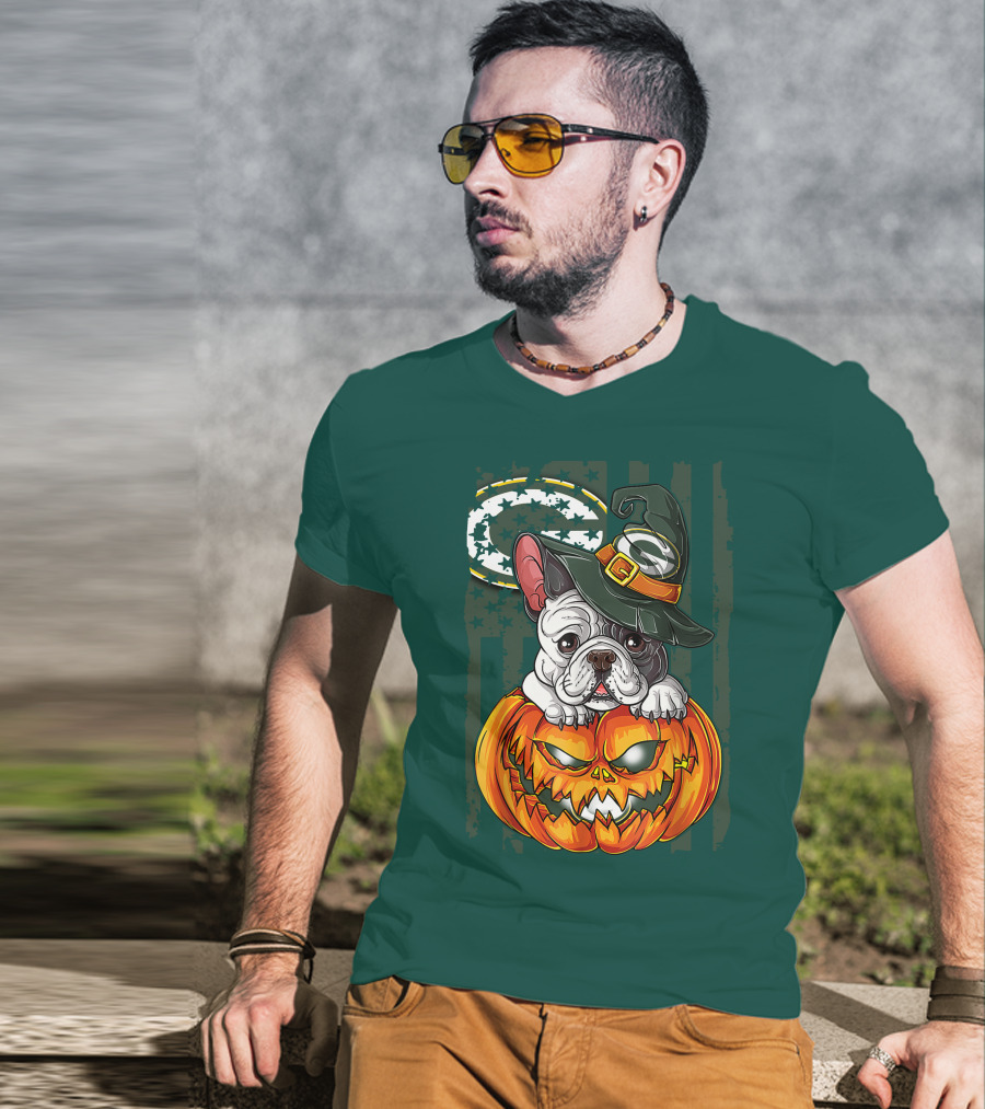 Hlw Bulldog Halloween Witch Green Bay Packers Pumpkin T-Shirt