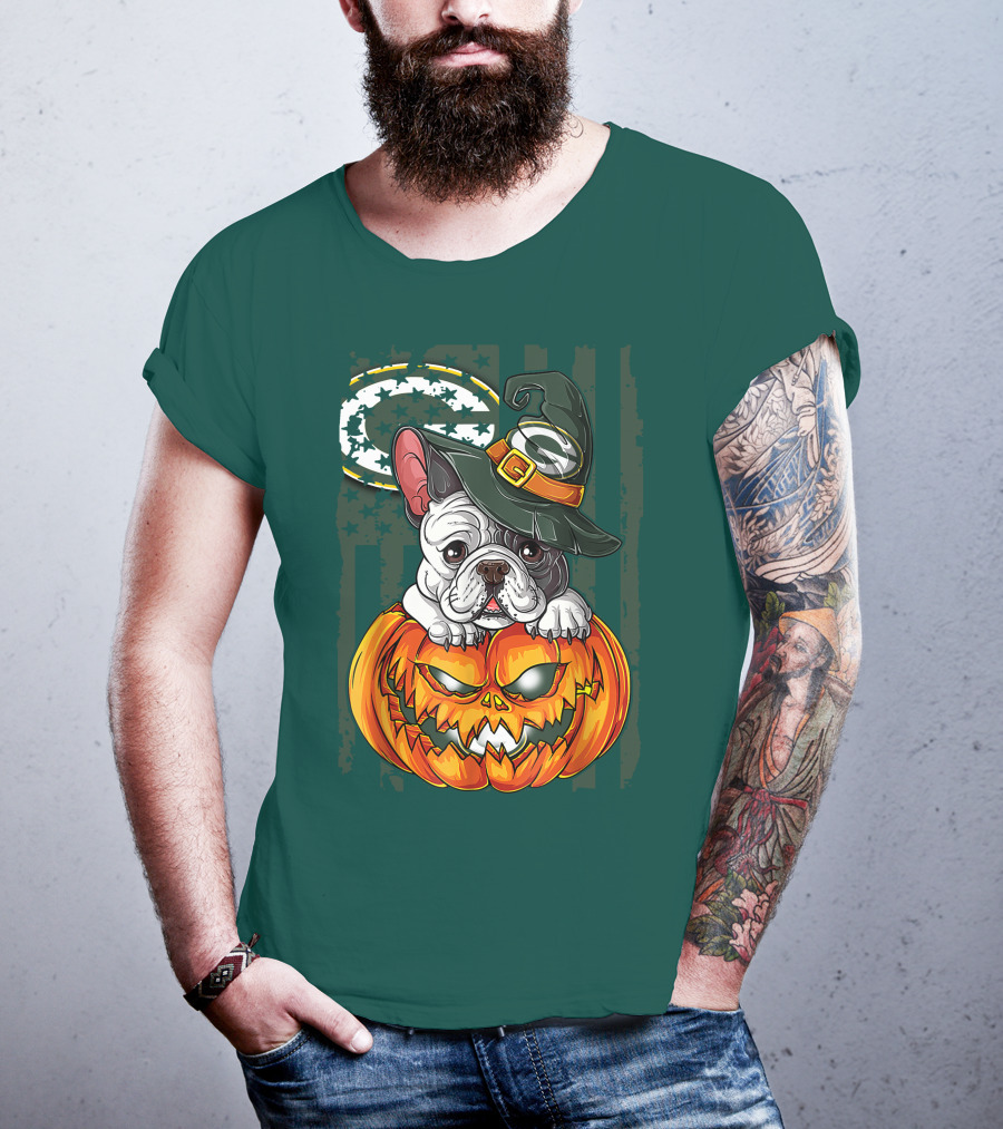 Hlw Bulldog Halloween Witch Green Bay Packers Pumpkin T-Shirt