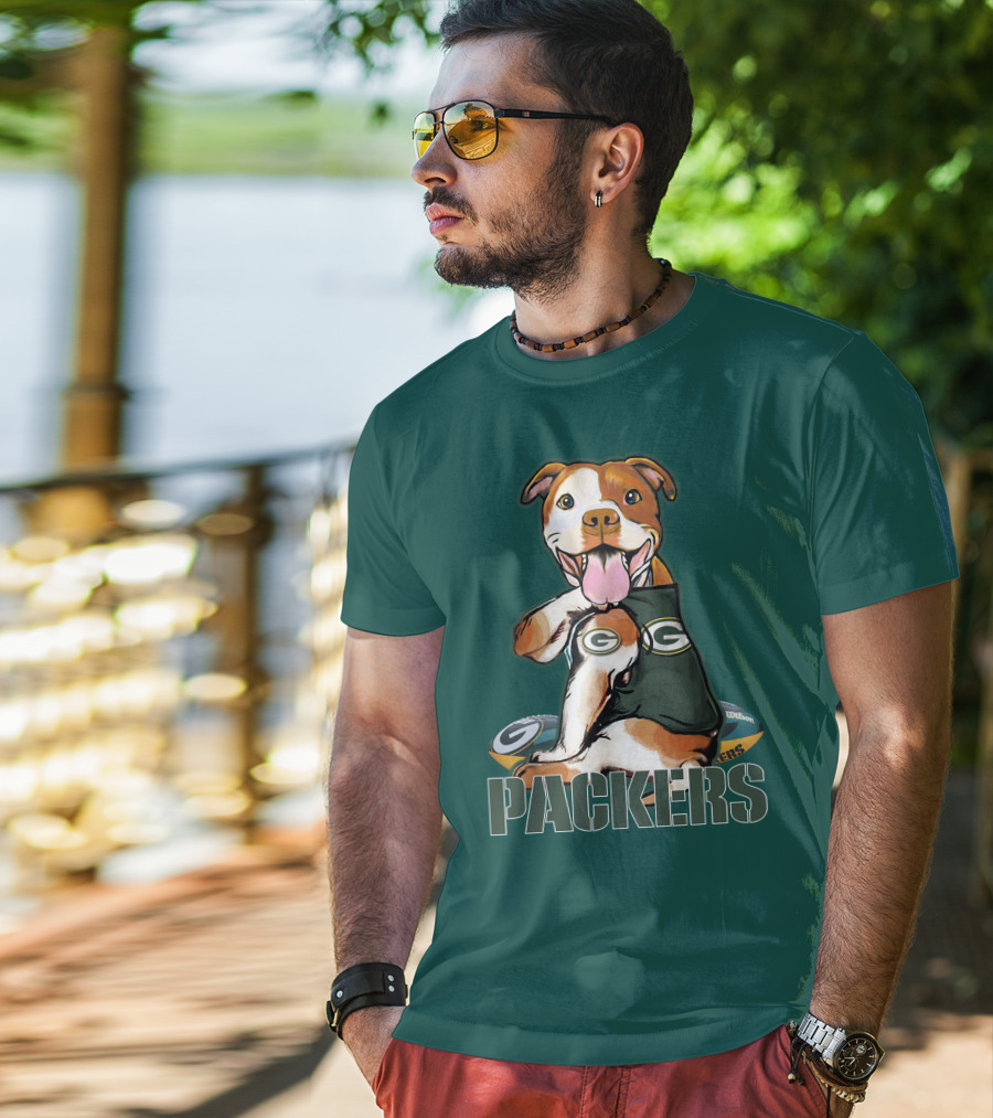 Pitbull Dog In Green Bay Packers Jersey With Football T-Shirt