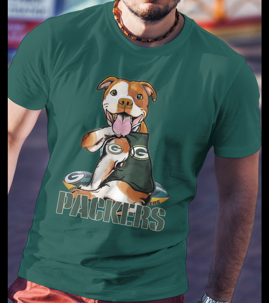 Pitbull Dog In Green Bay Packers Jersey With Football T-Shirt