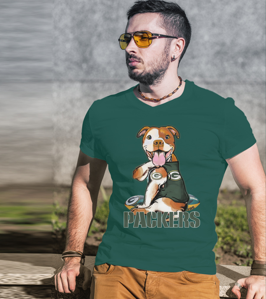 Pitbull Dog In Green Bay Packers Jersey With Football T-Shirt