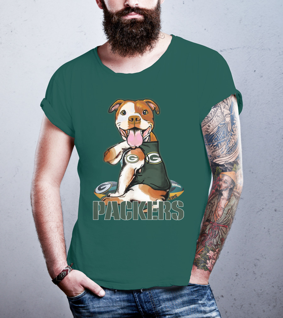 Pitbull Dog In Green Bay Packers Jersey With Football T-Shirt