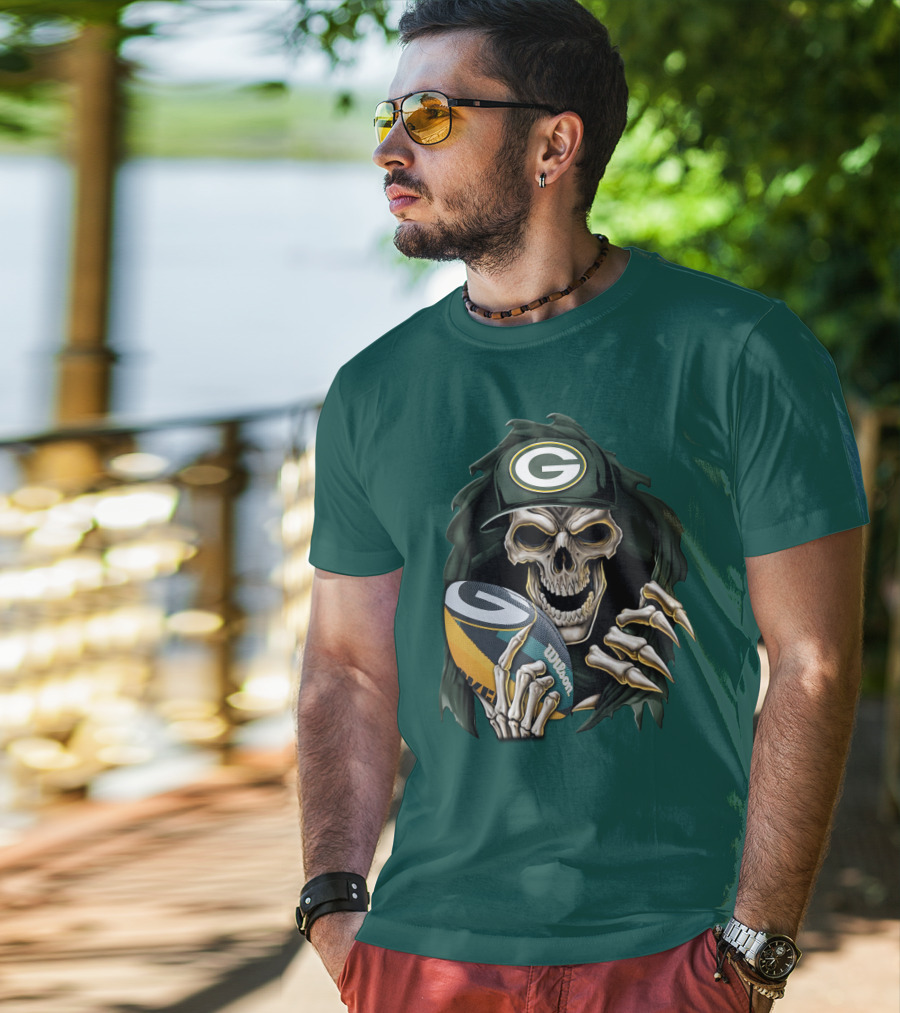 Skull With Green Bay Packers Cap Holding Football On Dark Green T-Shirt