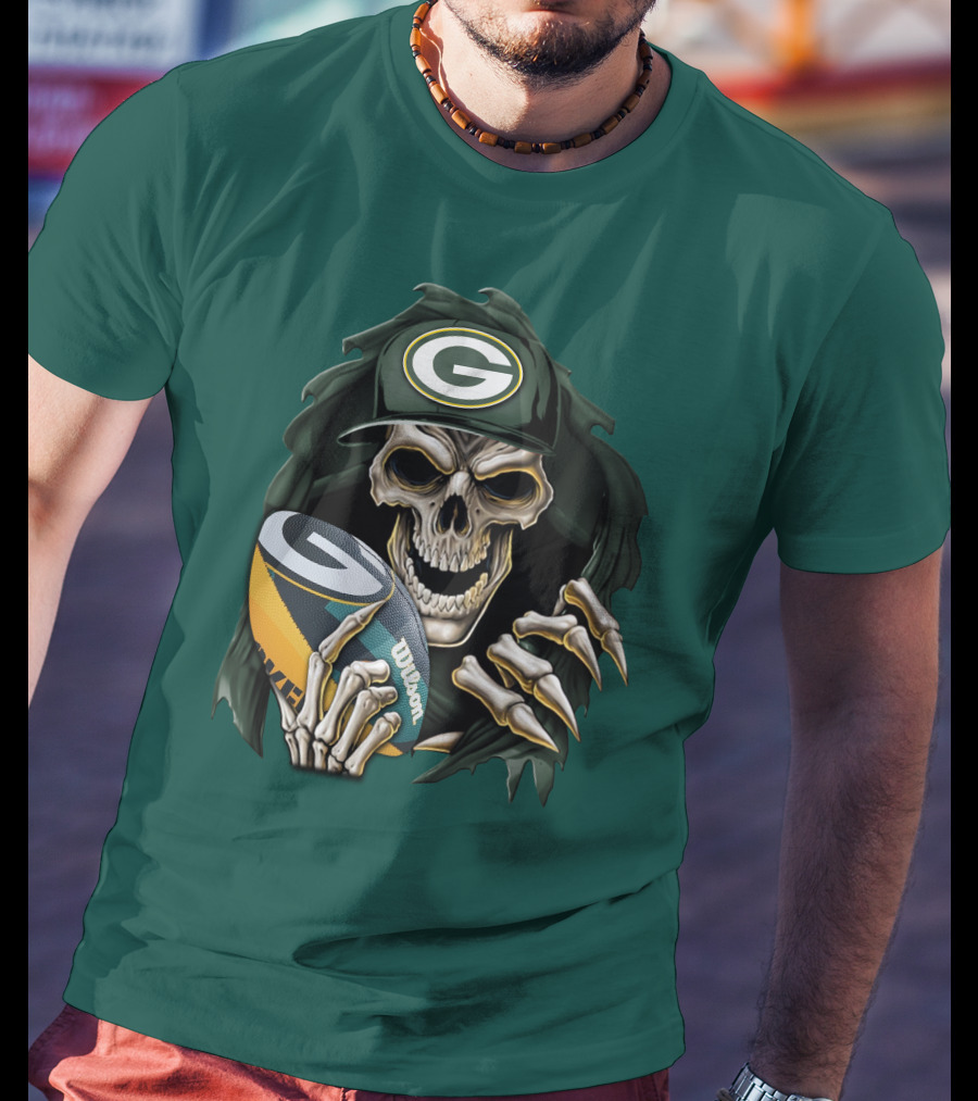 Skull With Green Bay Packers Cap Holding Football On Dark Green T-Shirt