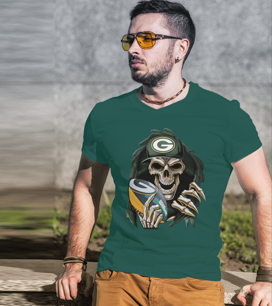 Skull With Green Bay Packers Cap Holding Football On Dark Green T-Shirt