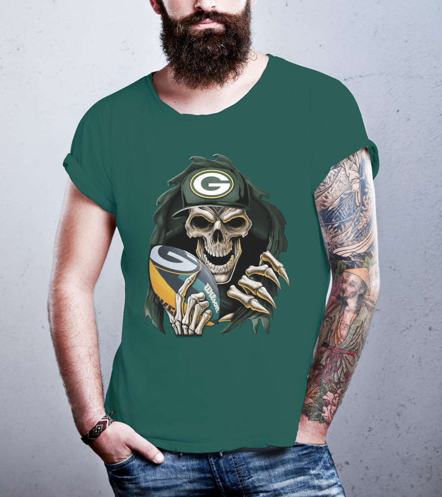 Skull With Green Bay Packers Cap Holding Football On Dark Green T-Shirt