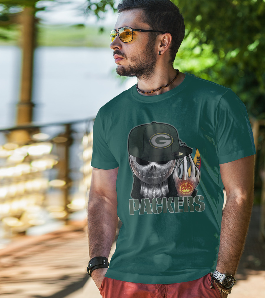 Jackskull Green Bay Packers Halloween Theme Packers Fan Skull T-Shirt