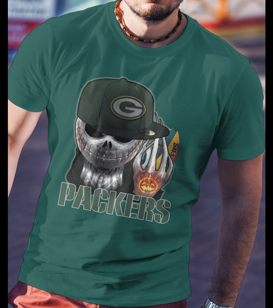 Jackskull Green Bay Packers Halloween Theme Packers Fan Skull T-Shirt