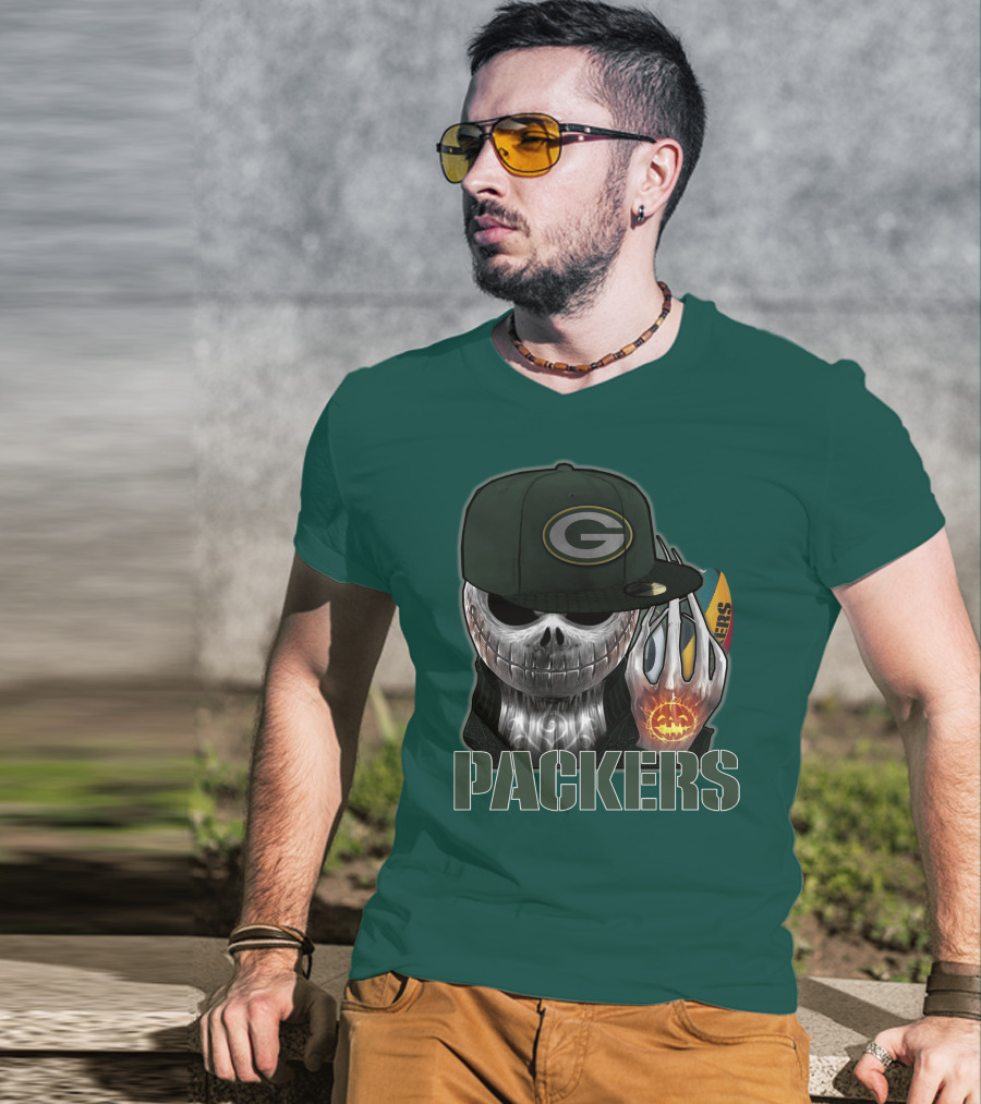 Jackskull Green Bay Packers Halloween Theme Packers Fan Skull T-Shirt