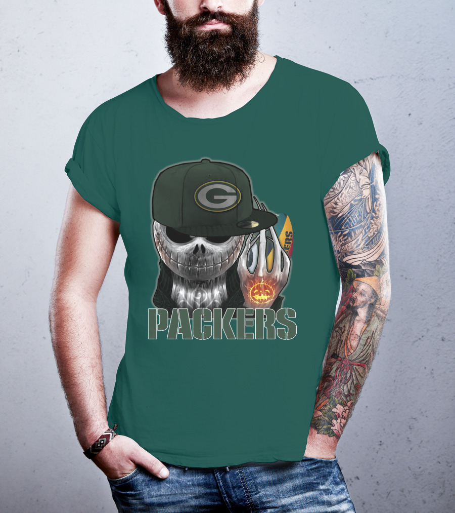 Jackskull Green Bay Packers Halloween Theme Packers Fan Skull T-Shirt