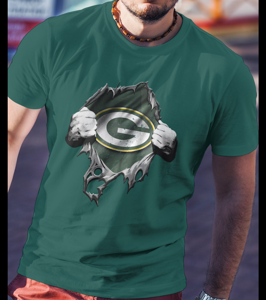 Torn Green Bay Packers Logo With Hands On Green Background T-Shirt