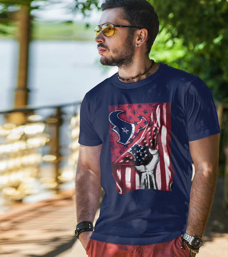 Houston Texans Stars And Stripes American Flag Fist T-Shirt