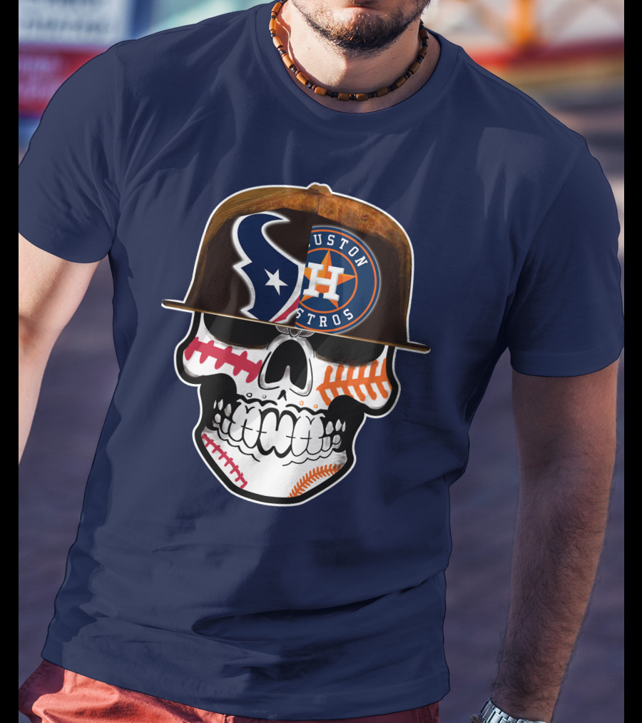 Houston Texans Astros Skull Logo Baseball Football Fusion T-Shirt