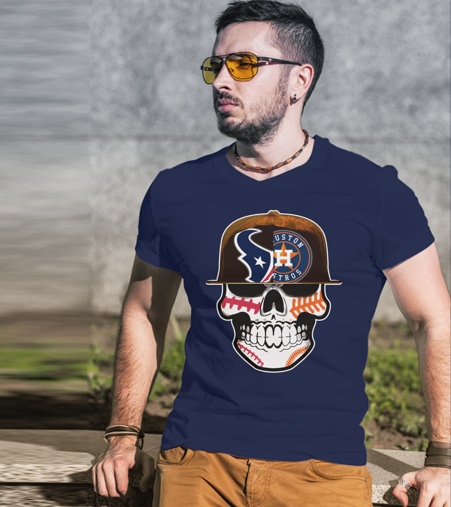 Houston Texans Astros Skull Logo Baseball Football Fusion T-Shirt