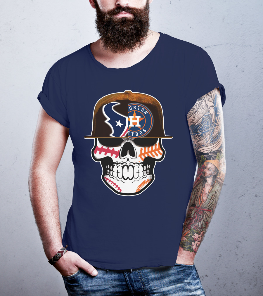 Houston Texans Astros Skull Logo Baseball Football Fusion T-Shirt