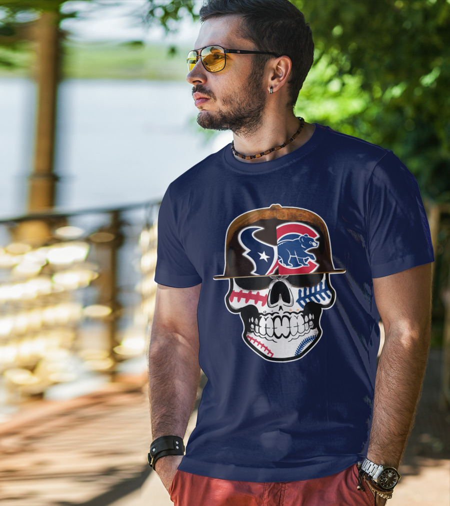 Houston Texans Chicago Cubs Skull Baseball Football Fusion T-Shirt