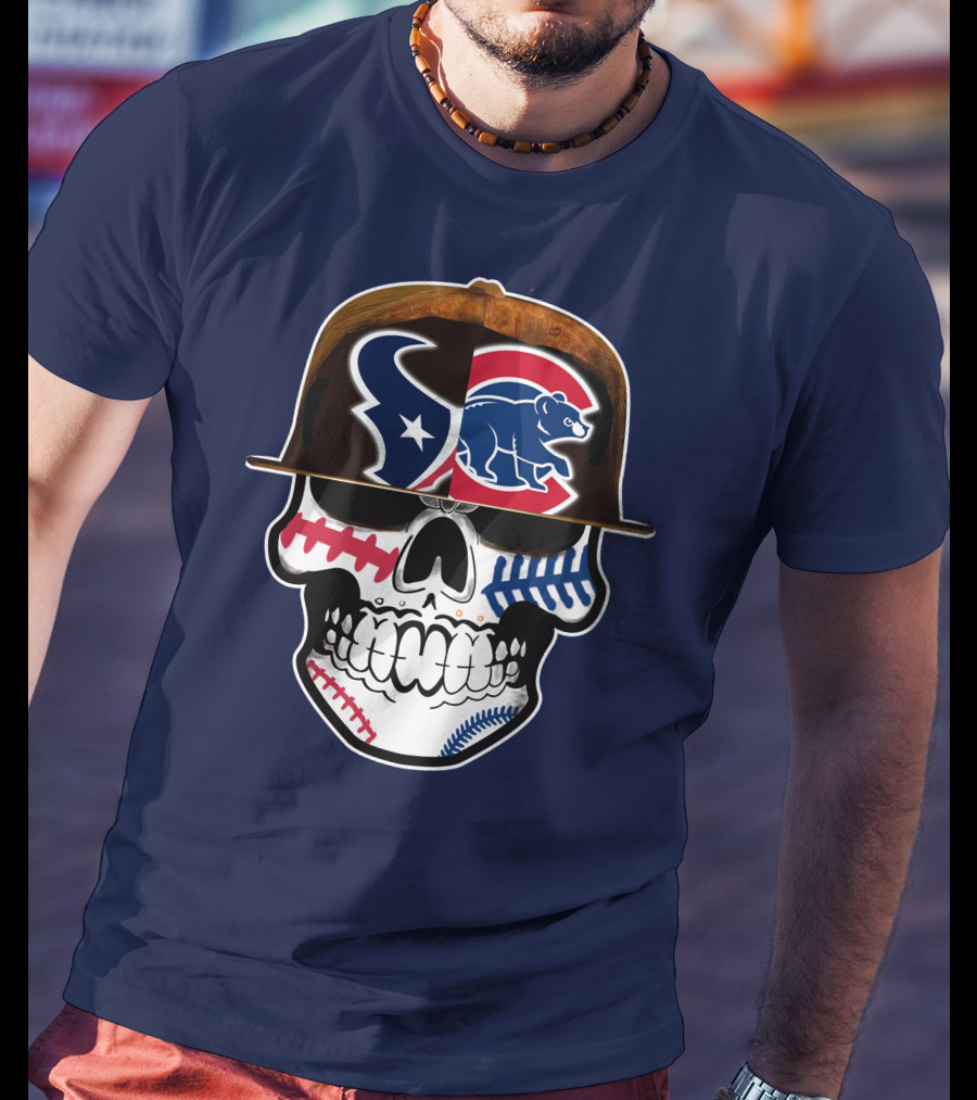 Houston Texans Chicago Cubs Skull Baseball Football Fusion T-Shirt