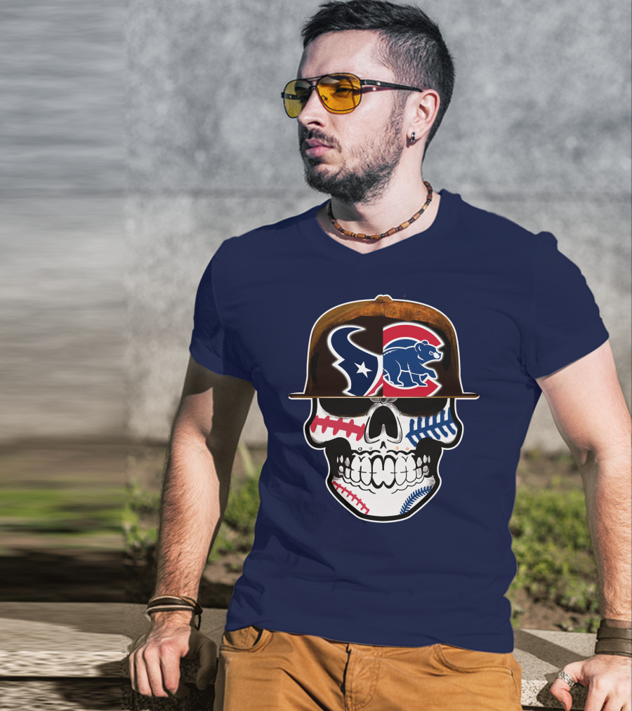 Houston Texans Chicago Cubs Skull Baseball Football Fusion T-Shirt
