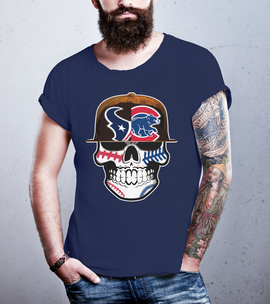 Houston Texans Chicago Cubs Skull Baseball Football Fusion T-Shirt