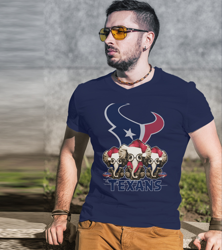 Elephants In Christmas Hats With Houston Texans T-Shirt