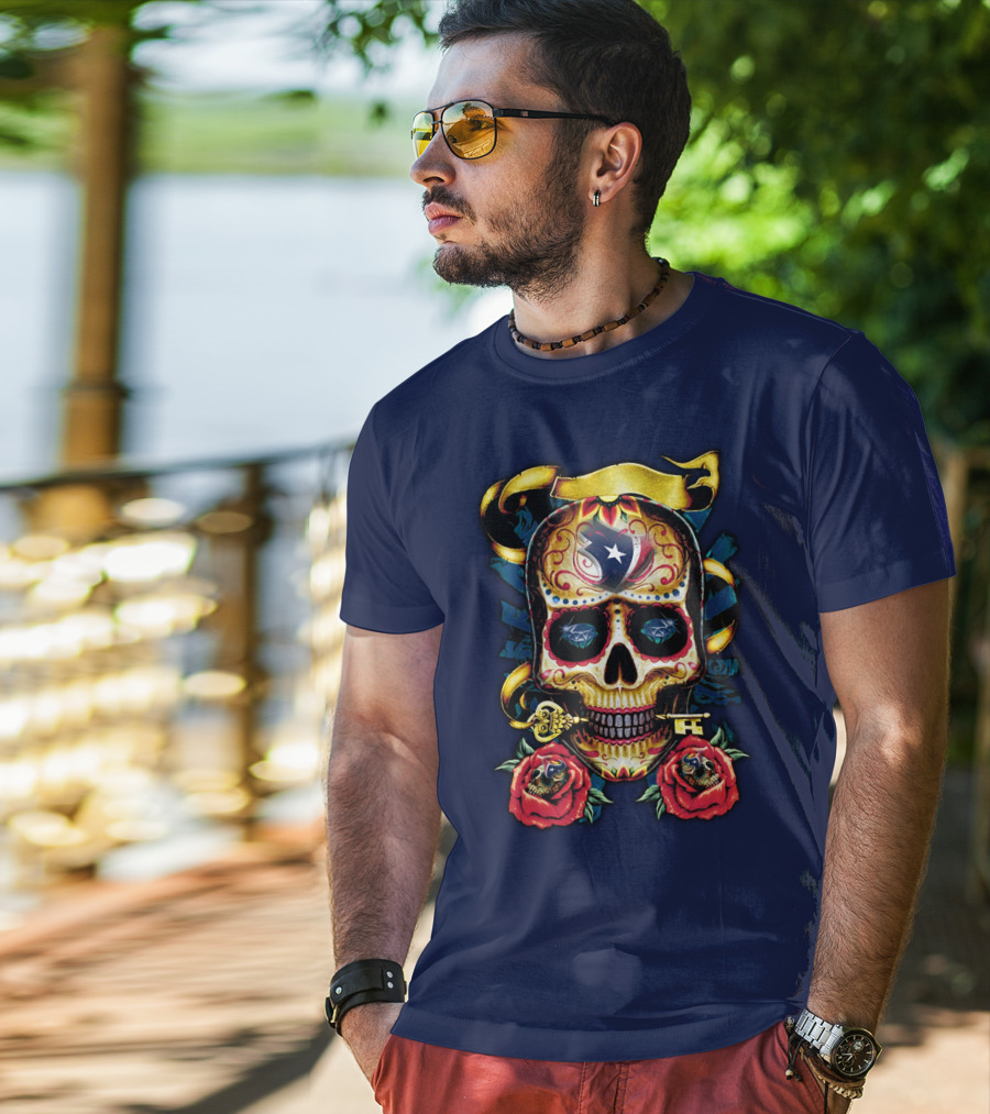 Houston Texans Skull Design With Roses And Key T-Shirt