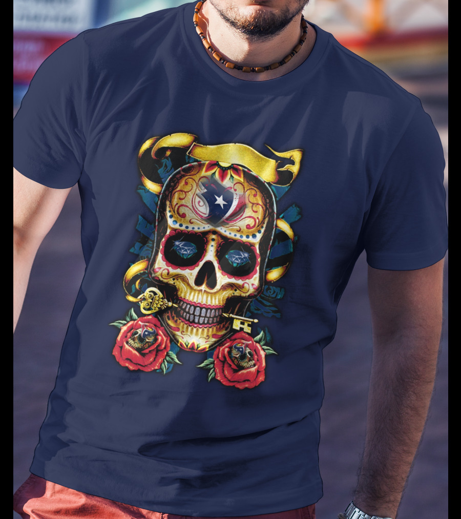 Houston Texans Skull Design With Roses And Key T-Shirt