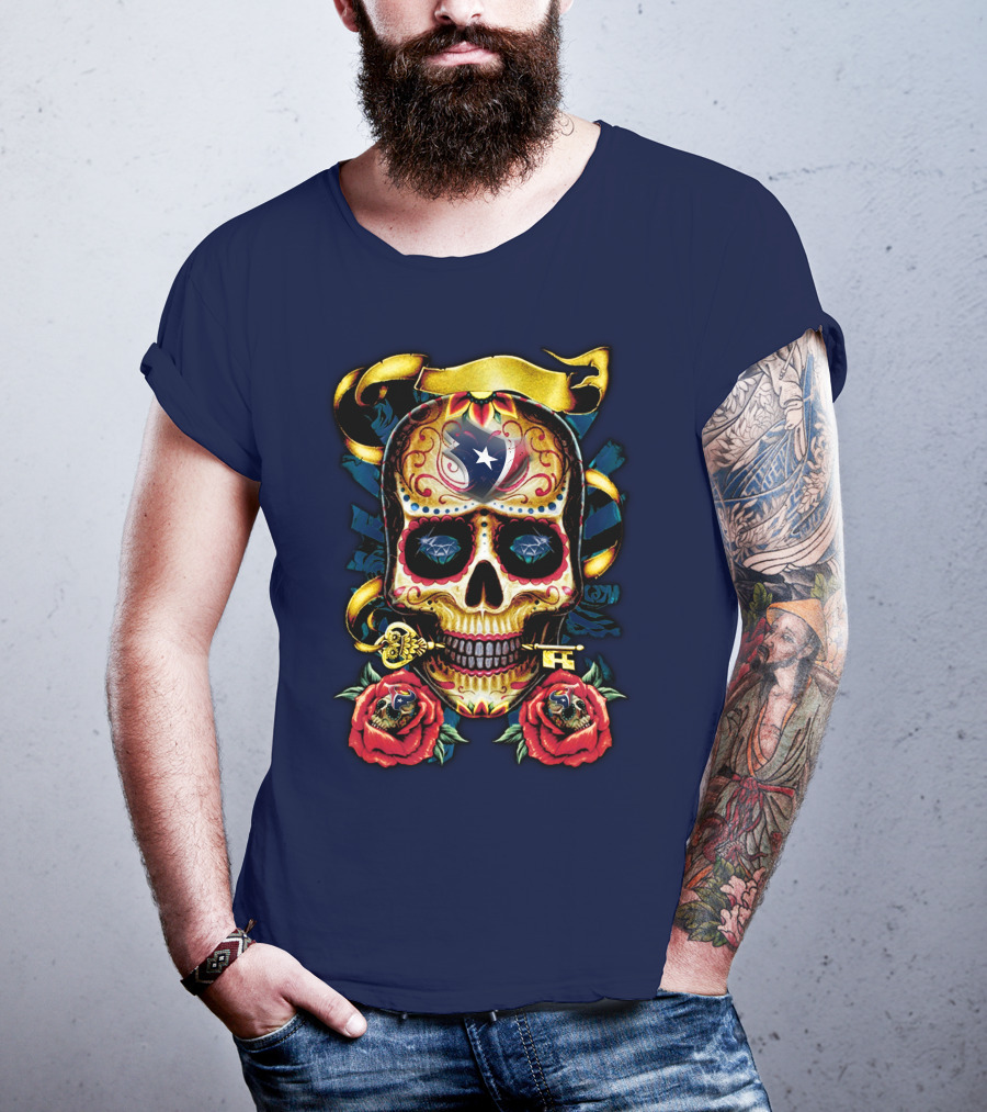 Houston Texans Skull Design With Roses And Key T-Shirt