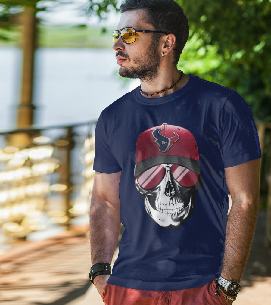 Skull With Houston Texans Logo Hat And Reflective Sunglasses T-Shirt