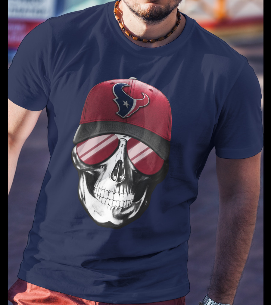 Skull With Houston Texans Logo Hat And Reflective Sunglasses T-Shirt