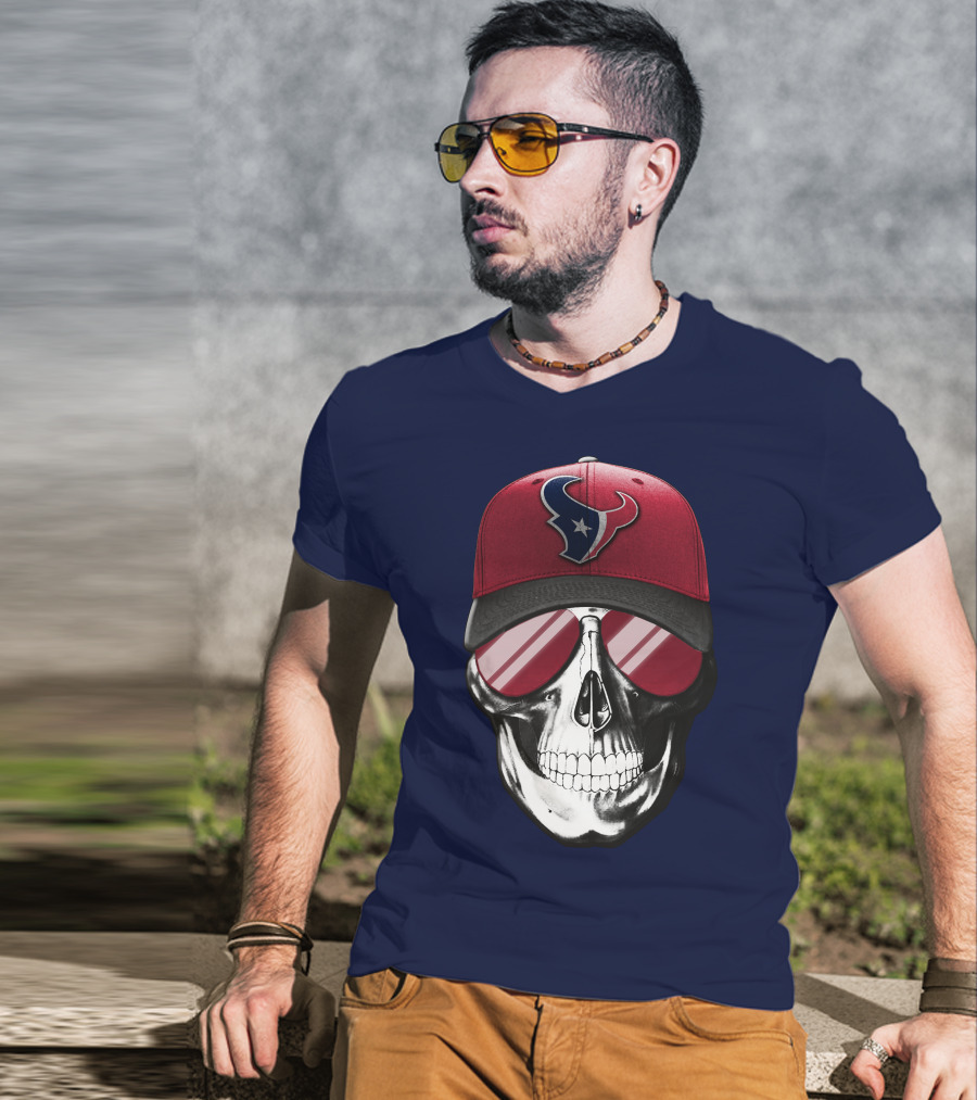 Skull With Houston Texans Logo Hat And Reflective Sunglasses T-Shirt