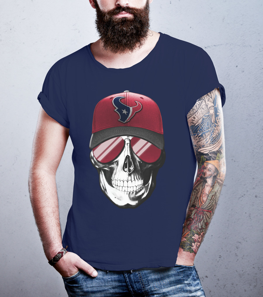 Skull With Houston Texans Logo Hat And Reflective Sunglasses T-Shirt