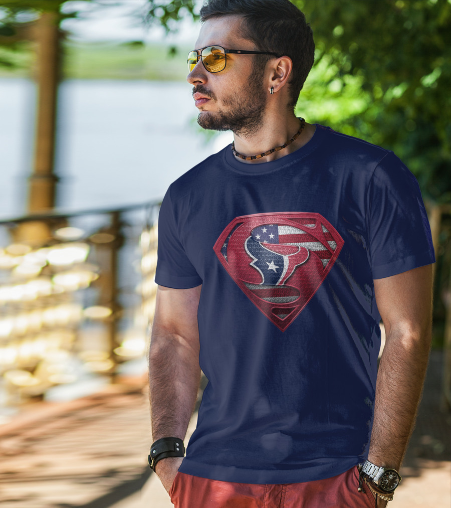 Spm Houston Texans Superman Shield American Flag T-Shirt