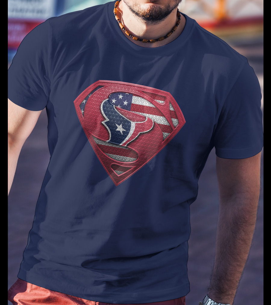 Spm Houston Texans Superman Shield American Flag T-Shirt